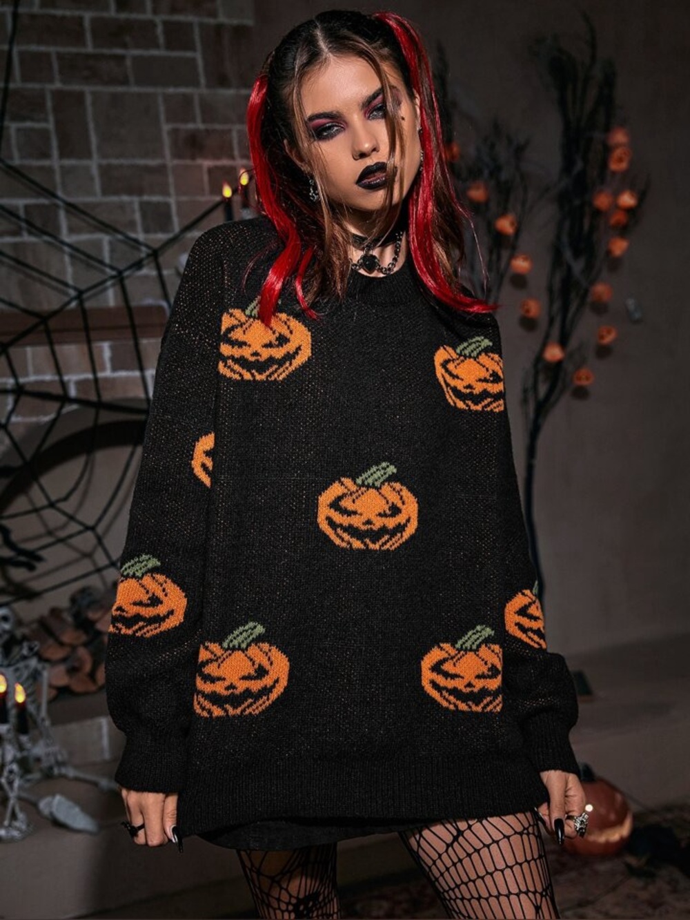 Shein Black Pumpkin Knit Sweater - Halloween Graphic Pullover Large